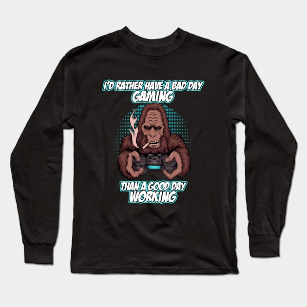 Funny Gaming Shirt Video Games Yeti Bigfoot Retro Gamer Long Sleeve T-Shirt by CultTees